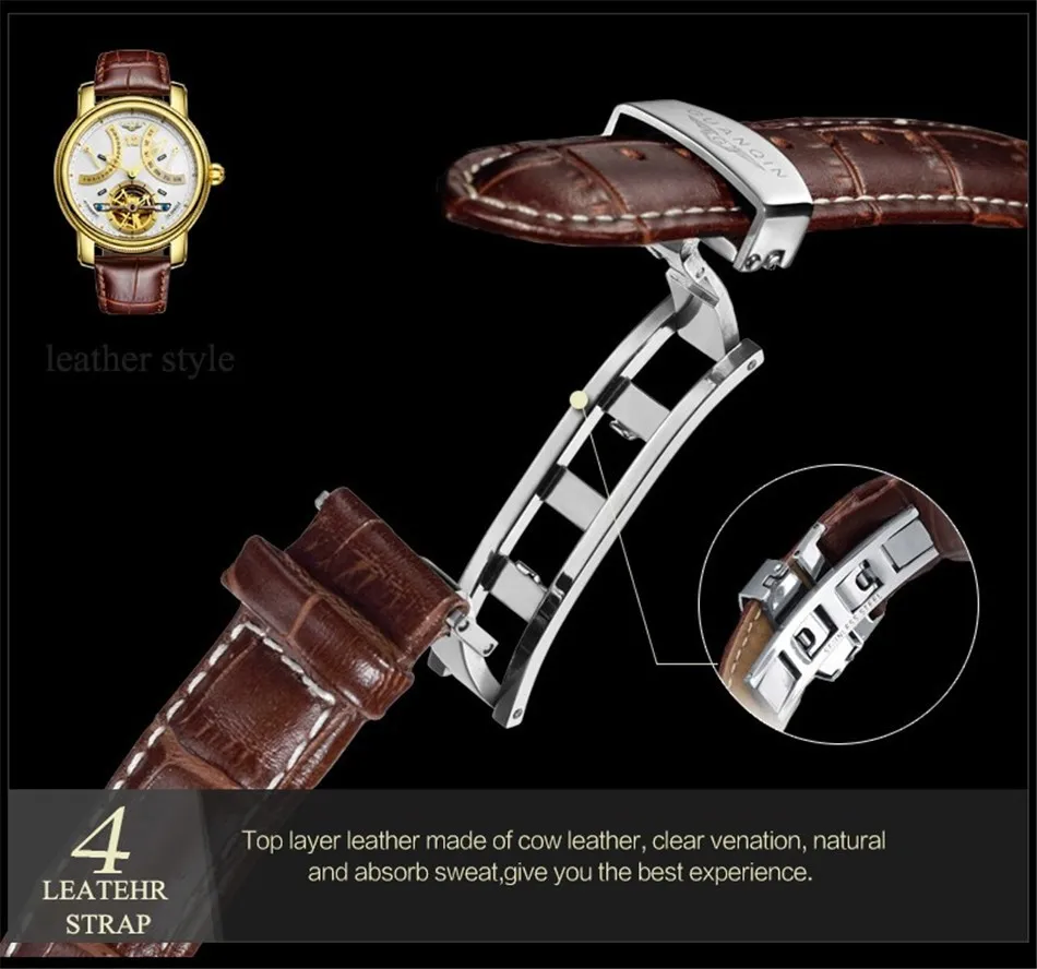 GUANQIN Tourbillon механические часы Мужские автоматические сапфировое стекло кожаный ремешок водонепроницаемые классические золотые наручные часы Reloj Hombre