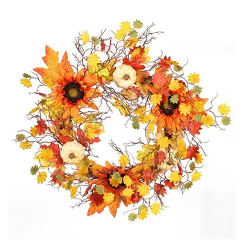 

60CM Pumpkin Wreath Artificial Sunflower Maple Leaf Garland Thanksgiving Day Fall Door Wreath Hanging Decor