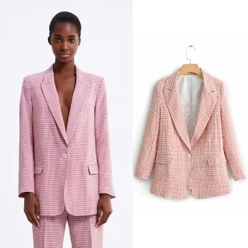 

Female 2019 Business Jacket Suit Top Outerwear Classic Pink Plaid Chic women clothing ladies Coat blazers Long Sleeve Collar