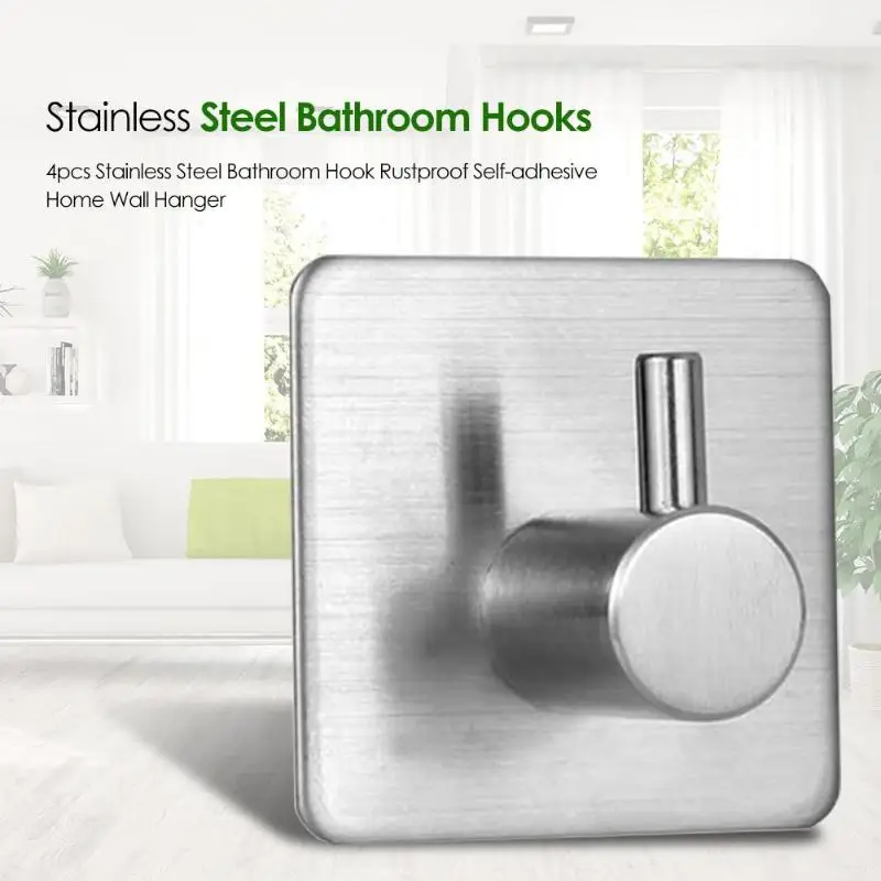 

2/4/6pcs Stainless Steel Wall Hooks Round/Square Self-adhesive Bathroom Towel Hooks Wall Mount Kitchen Accessories