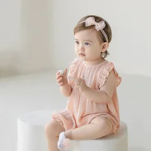 

2021 Summer Baby Girl Pink Rompers Embroidered Newborn Korean Style Jumpsuit Playsuit Cute Infant One Piece Cotton Linen Outfits