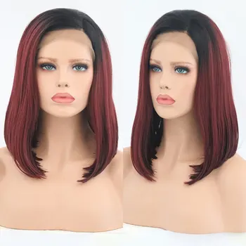 

Bombshell Short Straight Bob Synthetic 13*3 Lace Front Wig Glueless Black Roots Ombre Wine Red Heat Resistant Fiber For Women