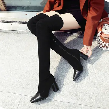 

patchwork genuine leather Over The Knee High Boots Women High Heels Pointed Toe Party Shoes Woman High heels Boots Long Shoes