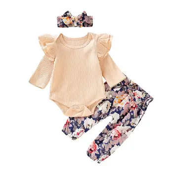 

Infant Baby Girls Ruffles Solid Long Sleeve Romper Bodysuit+Floral Pants+Headband Outfits Children Autumn Fashion Set
