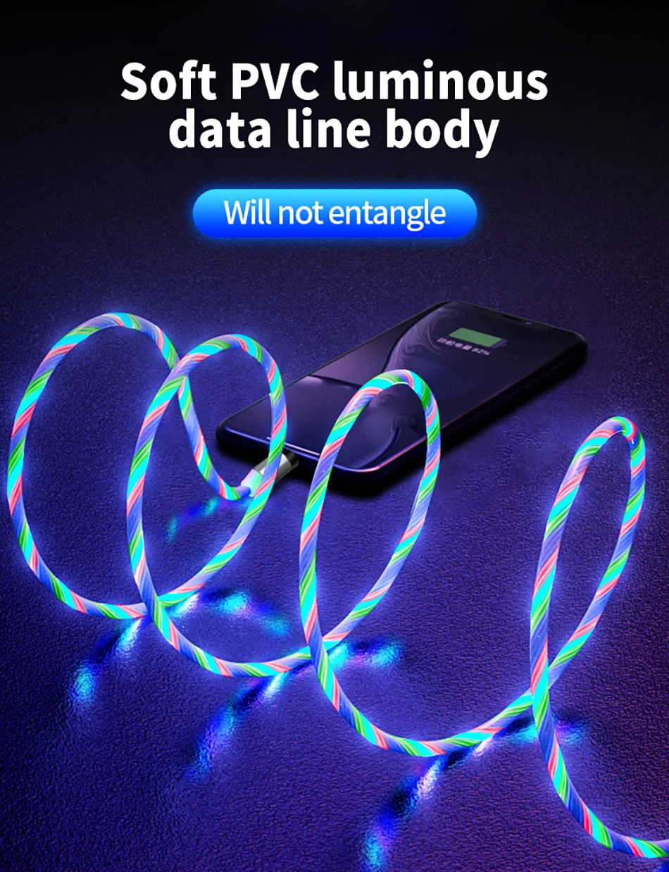 Светящийся Магнитный кабель для зарядного устройства USB, светодиодный шнур типа C, шнур для освещения мобильного телефона для iphone 11 X, huawei, Xiaomi