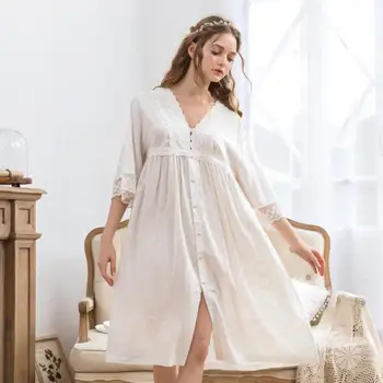 

Summer Autumn Cotton Thin Midi Nightdress Women Three Quarter Sleeve Nightgown Soft Sleepwear Lady Loose Night Sleeping Suit