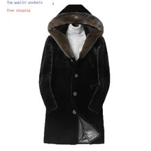Зимняя натуральная куртка из короткой овечьей шерсти с капюшоном, норковый меховой воротник, натуральное меховое пальто, мужские длинные куртки, роскошное пальто, L18-5901, KJ1484