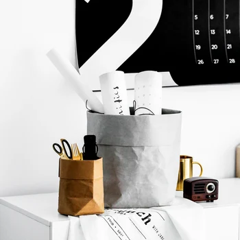 

DUNXDECO Storage Kraft Bag Cloth Toys Flower Pot PouchModern Loft Industry White Gray Brown Multifunction Home Office Reuse Bag