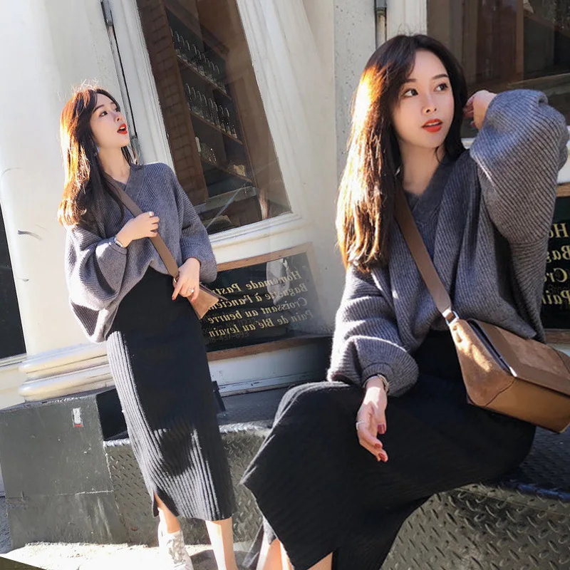 

Clothing suit women's wool autumn and winter new large size was thin knit sweater suit dress women's sweater skirt two-piece