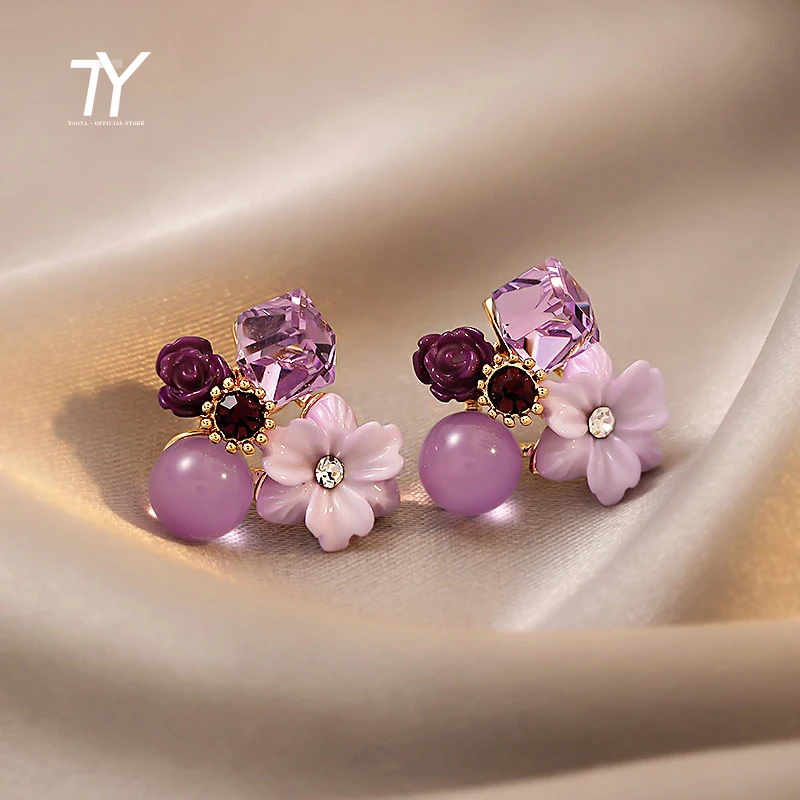 Noble Purple Crystal Flower Stud Earrings For Woman 2021 Korean Fashion Jewelry Wedding Party Girl’s Elegance Set Accessories