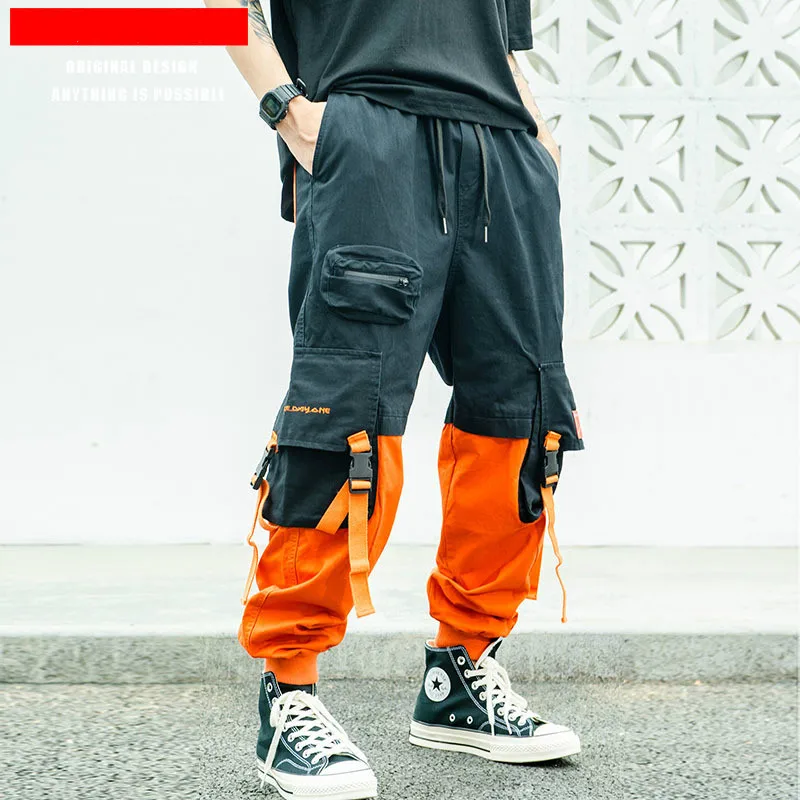 

Spring and Summer New Tide Brand Loose Contrast Color Pockets Men's Beam Foot Cargo Pants Men Causal Trousers