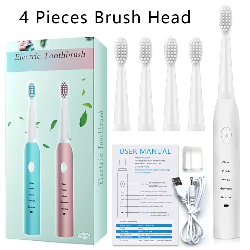 White with 4 heads Умная Ультразвуковая электрическая зубная щетка, перезаряжаемая зубная щетка, Зубное вычисление, домашнее портативное средство для удаления пятен, зубные щетки - Цвет: White with 4 heads
