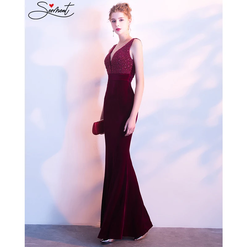 SERMENT Elegant Mermaid Vintage Evening Dress Crystal Beading Chiffion V-neck Suitable Party Cocktail Club Nightclub Occasions