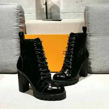 

Platform Boots for Women Wedge Black Patent Leather Ankle Boots Lace-up Side Zipper High Sqare Heels Classic Style Shoes Women
