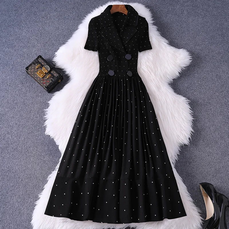 

Black Dress Summer Women 2020 New Miyake Pleated Notched Collar Short Sleeved Elastic Chiffon Button Polka Dot Plus Size Dress