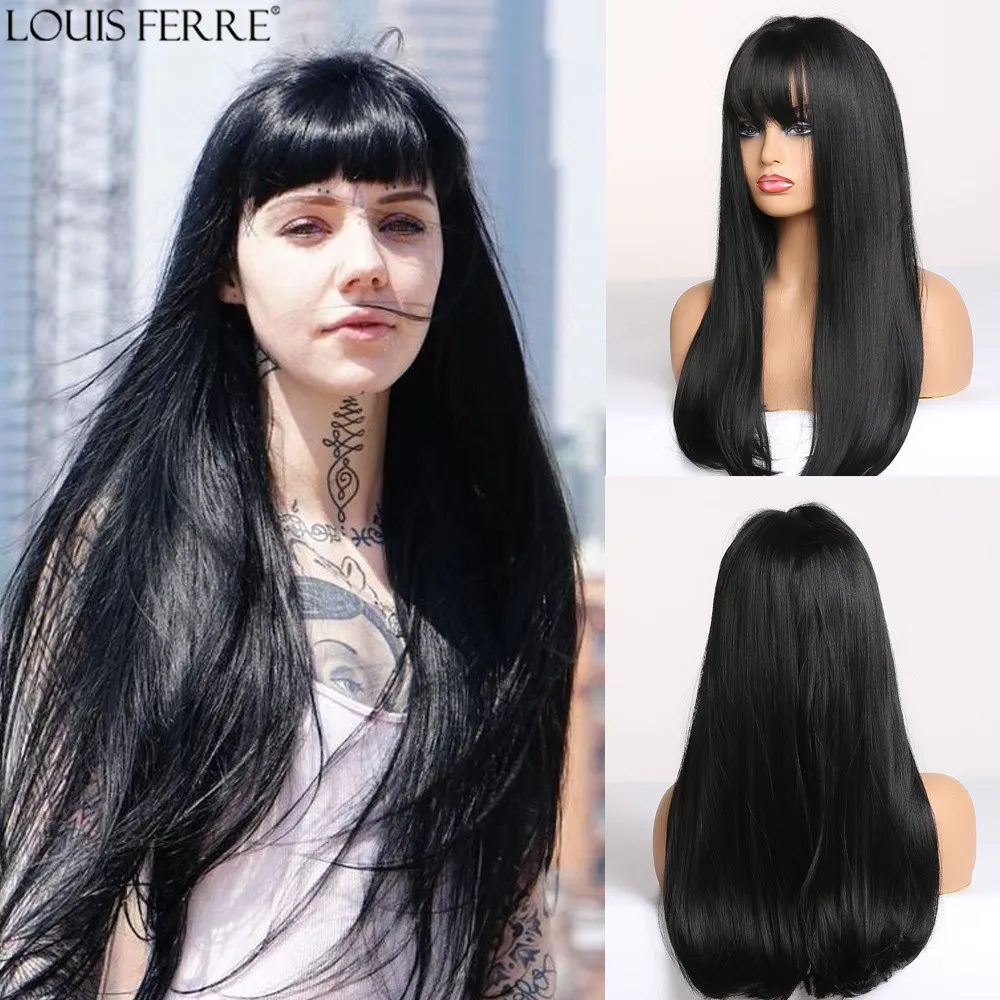 

LOUIS FERRE Synthetic Hair Wigs with Bangs Long Straight Black Wigs for Women Afro High Temperature Fiber Cosplay Party Wigs