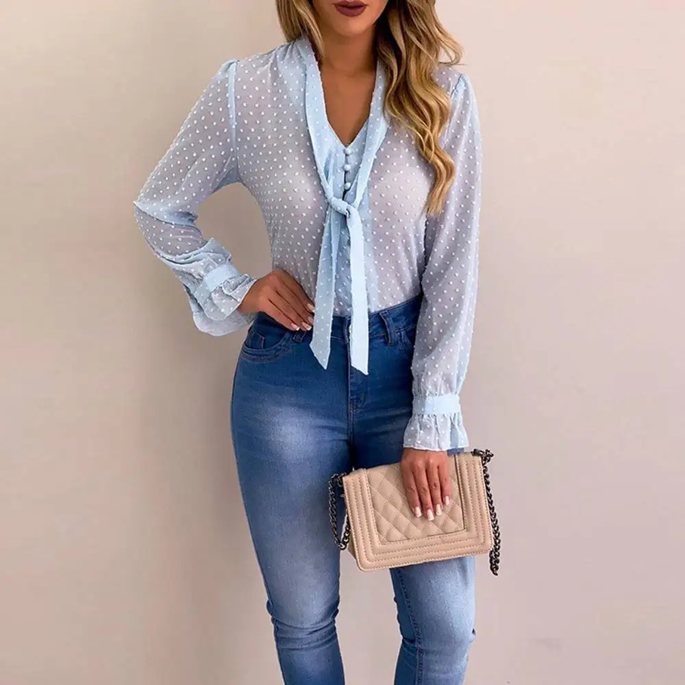 Women New Fashion Elegant Chiffon Blouses Long Sleeve V-Neck Shirt Office Blouse Slim Casual Female Polka Dot Top