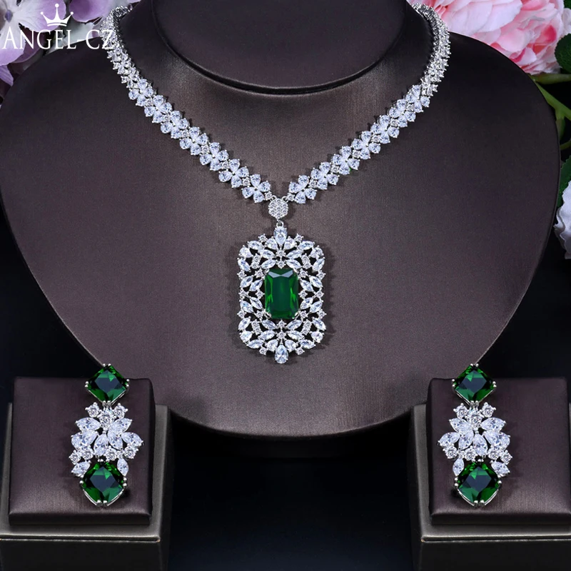 

ANGELCZ Elegant Princess Green Cubic Zirconia Crystal Square Dangle Earrings Necklace Party Costume Jewelry Set For Women AJ197