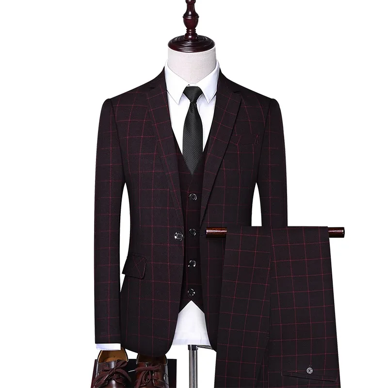 

2019 Three-piece Male Formal Business Plaids Suit for Men's Fashion Boutique Plaid Wedding Dress Suit ( Jacket + Vest + Pants )
