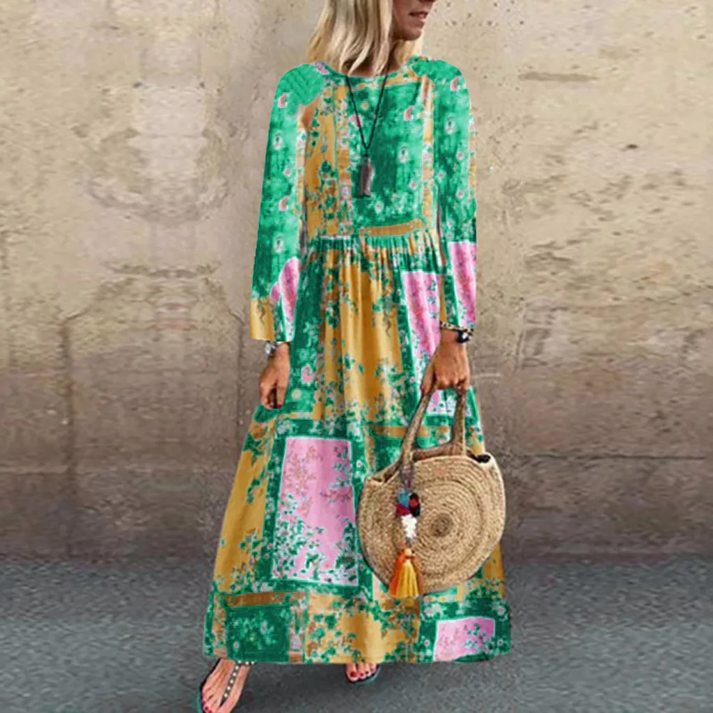 

2019 boho long dress Women's Plus Size chiffon dress Cotton Linen Print Long Sleeve Long Dress Maxi Dress vestido de festa #fo