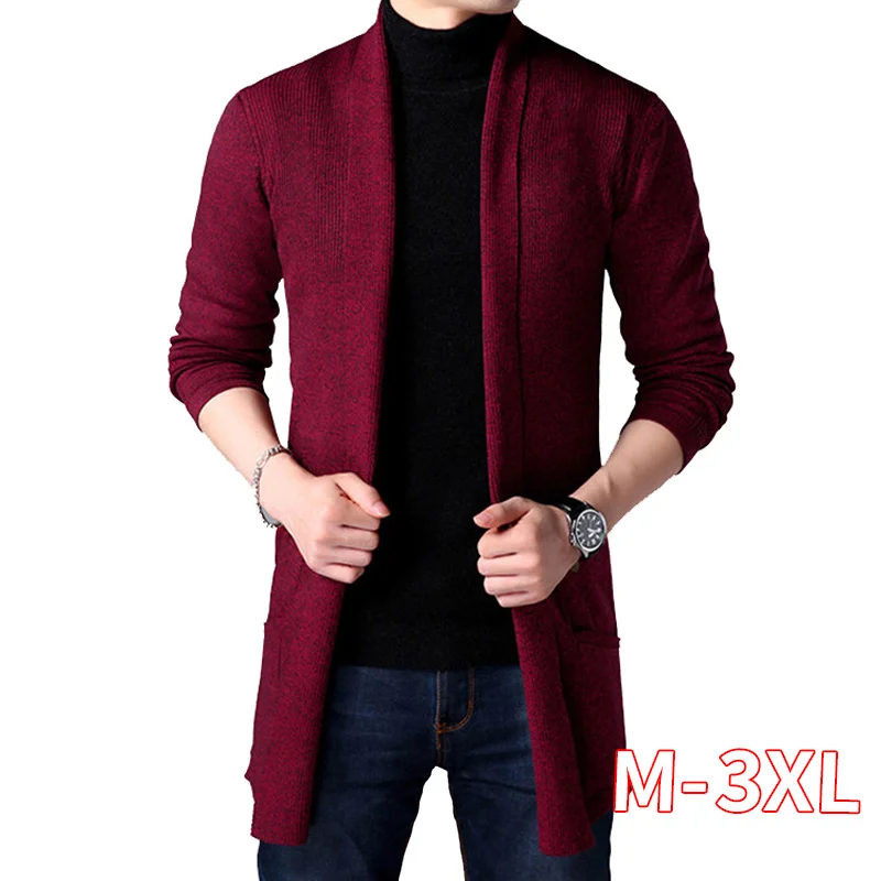 

X-long Knit Sweater Men Long Style Cardigan Man Spring And Autumn Long Thin Coat Solid Color Sweatercoat Wine Red