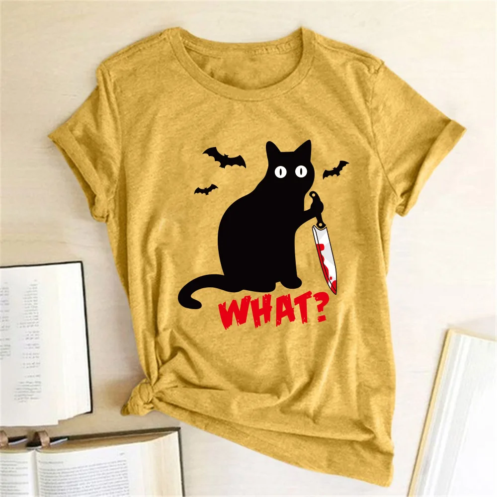 FREE SHIPPING Black Cat What Tshirt Murderous Cat Knife Women Funny T Shirt JKP4751