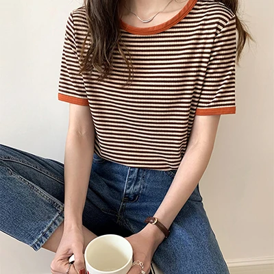 Striped Vintage Short Sleeve T Shirt Women 2022 Summer Korean Fashion T-shir Soft Tops Tshirts Casual O Neck Tee Shirt Female Brown