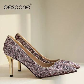 

BESCONE Mature Women' s Pumps Bling Decoration Super High Thin Heels Shallow Slip-On Pointed Toe Shoes Fashion Party Pumps BO593