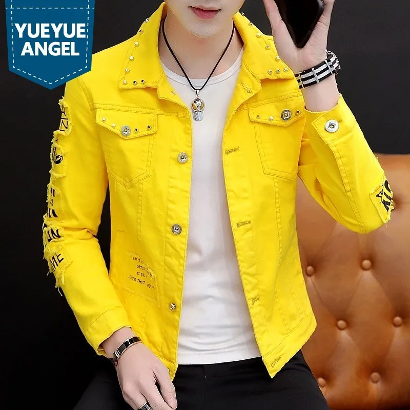 

Rivet Ripped Letter Printed Personality Mens Denim Jackets Long Sleeve Single Breasted Male Fashion Punk Nightclub Wear Coats