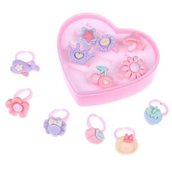 

12pcs Mix Lot Cartoon Flower Assorted Resin Plastic Pink Baby Kids Girl Children's Rings With Heart Box Gift Jewelry Craft Toy