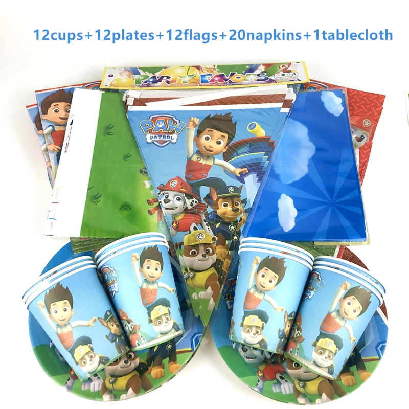 57 шт. новая одноразовая посуда Paw Patrol, детская декоративная бумага для вечеринок на день рождения, тарелка+ чашка+ салфетка+ флаги+ скатерть