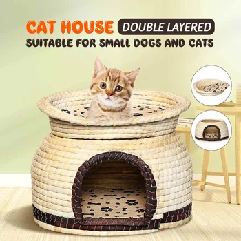 

2-Tier Tent Kennel Puppy-Mat Pet-House Willow Cat Tree House Dog Kennel Double Layers