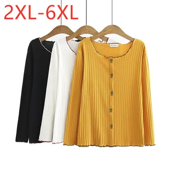 

New autumn winter ladies plus size tops for women large long sleeve slim elastic yellow cotton button T-shirt 3XL 4XL 5XL 6XL