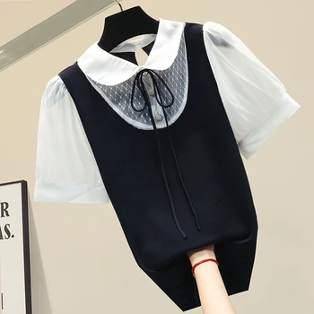 

Chiffon Stitching Knitted Short Sleeve Tshirt for Women Summer Top Female Knitwear Pull Sleeve Mesh T Shirts Ladies Slim Tee