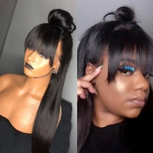 250 Плотность 13x6 Синтетические волосы на кружеве al парики с челкой прямые Синтетические волосы на кружеве парики из натуральных волос для Для женщин бразильский парик длинные черные Dolago
