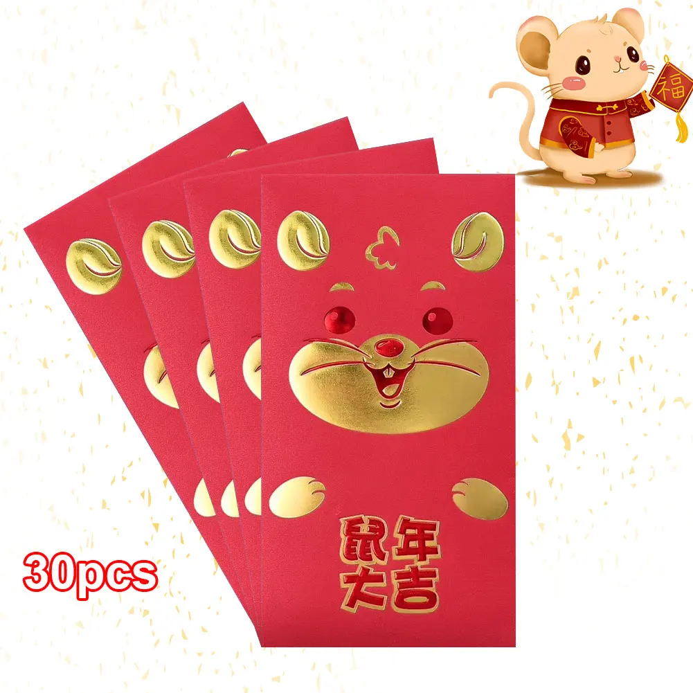 30 шт., утолщенные весенние праздничные бумажные конверты, китайский год, милый подарок, красные конверты, крыса, пакет, день рождения, свадьба