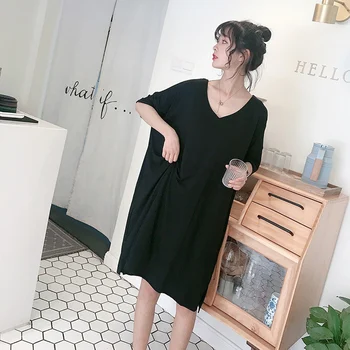 

2019 New Nightdress For Lady Summer Loose V-neck Sleep Shirt Casual Home Dress Modal Nightgown Large Size Half-sleeved Dress