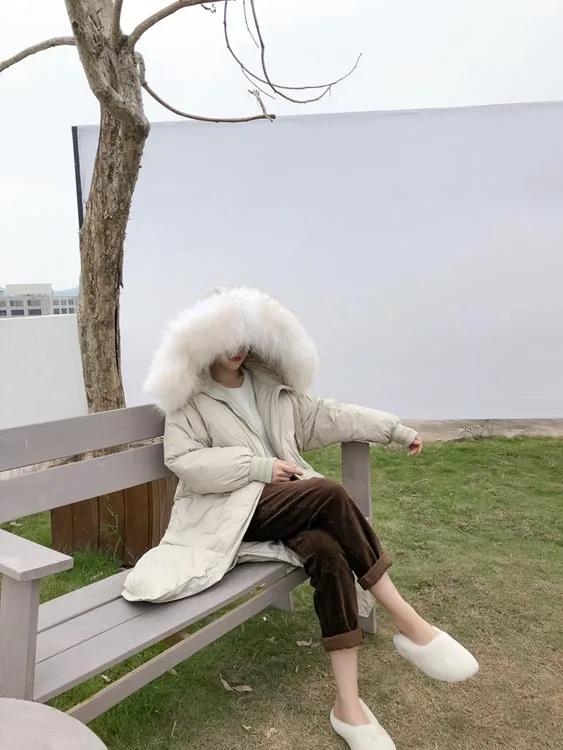 Южная Корея, зима, стиль, женское пуховое пальто, корейский стиль, длинный пуховик с меховым воротником, женский пуховик