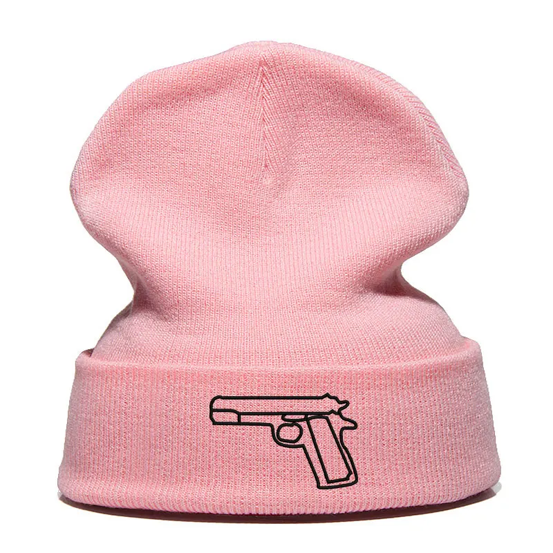 Beanie Hat Skullie Cap Slouchy Winter Embroidered Cool Punk Men Women Teen Street Dance Funny Hip-hop Warm Knitted Hats Gun
