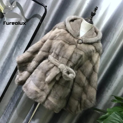 Furealux Роскошная Шуба из натуральной норки куртка с капюшоном тонкий пояс зимняя женская верхняя одежда из натурального меха - Цвет: 10