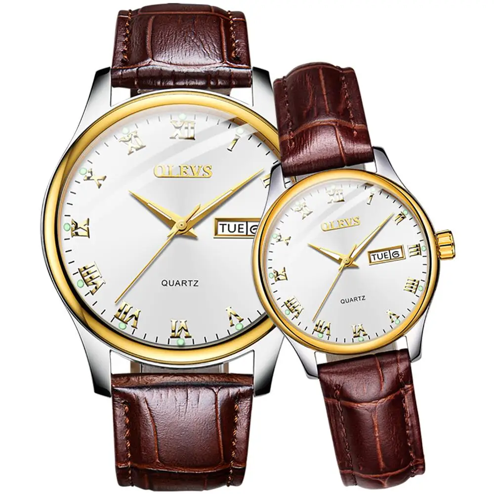 Часы для влюбленных, кварцевые часы для мужчин и женщин, роскошные часы от ведущего бренда OLEVS, водонепроницаемые часы, модные светящиеся часы с кожаным ремешком, новинка, uhr - Цвет: Couple Brown White