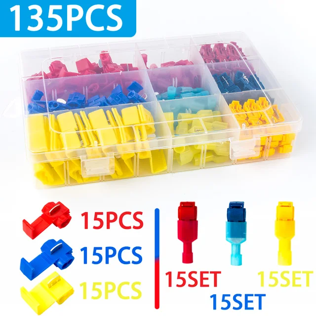30/80/135PCS Boxed Quick Connect Clip Wire and Cable Crimp Separator Wire Connector Terminal Lip Clamp Soft Distributor 135PCS(BOX)