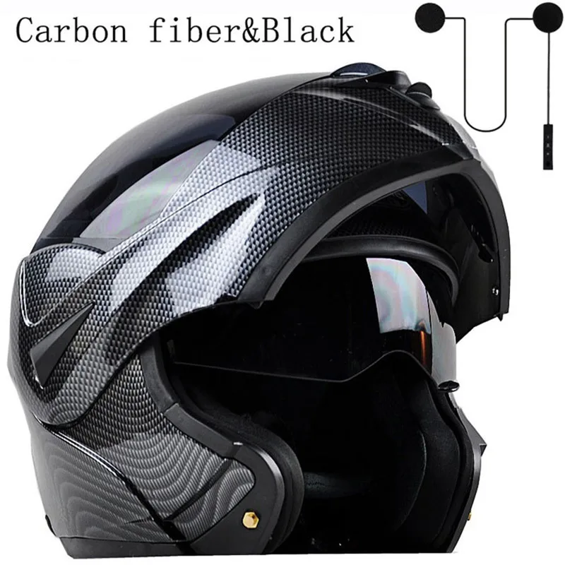Мотоциклетный Bluetooth шлем из углеродного волокна с двойным козырьком в горошек модульный флип-кейс для мотокросса уличный велосипед+ гарнитура - Цвет: carbon black set