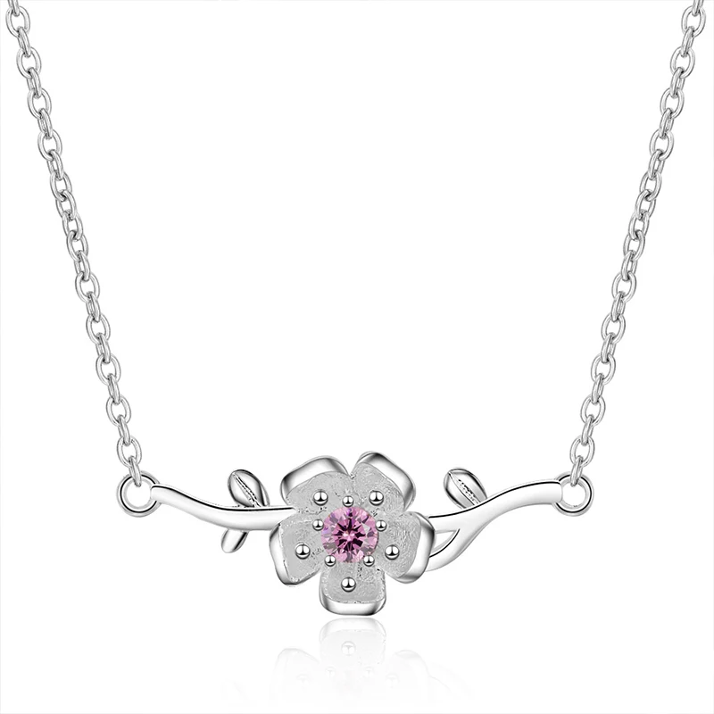 Charming Cherry Blossom Pendant Necklace Elegant Female Pink Crystal Clavicle Chain Fashion Jewelry Gifts | Украшения и
