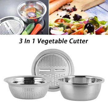 

3 In 1 Kitchen Tool Multipurpose Drain Basket Basin Fruit Slicer Vegetable Cutter Peeler Julienne Cooking Stainless Steel Grater