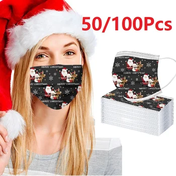 

50/100pcs Christmas Printing Face Mask Disposable 3 Layers Ply Filter Breathable Mask Dustproof Earloops Mouth Cover Mascarilla