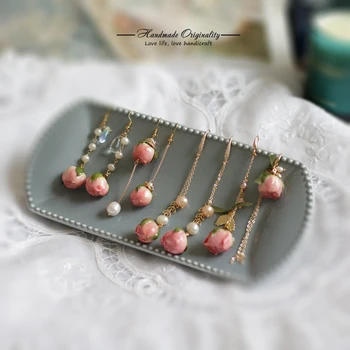 

E03-0061 Eternal Flower Rose Asymmetric Dried Pink Flower Earrings Sweet Romantic Pendant Drop Earrings