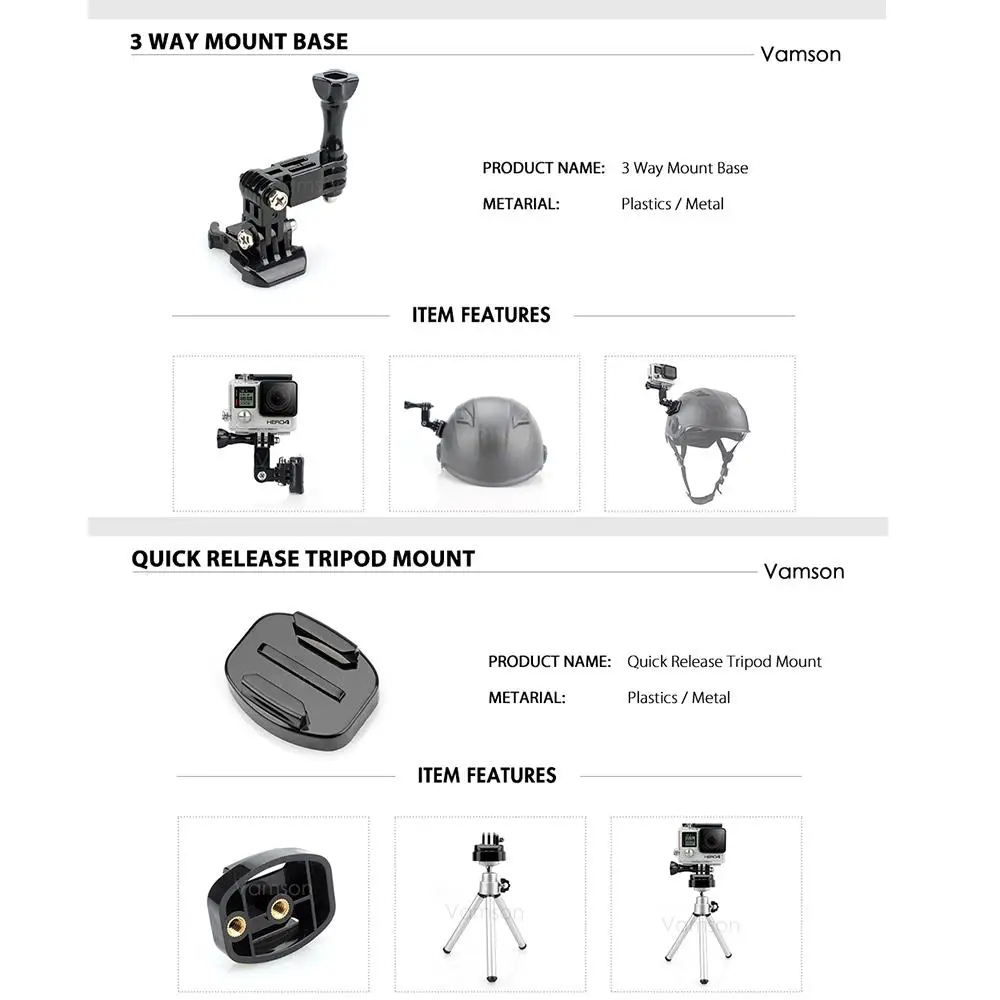 Vamson для Go pro Hero 7 6 5 комплект аксессуаров практичный адаптер крепление для DJI OSMO Action для Xiaomi для SJCAM VS90