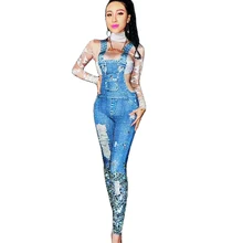

Personality Pattern Printing Denim Blue Backless Jumpsuit Rhinestones Club Costume Women Bar Show Stage Wear Uniform Costumes