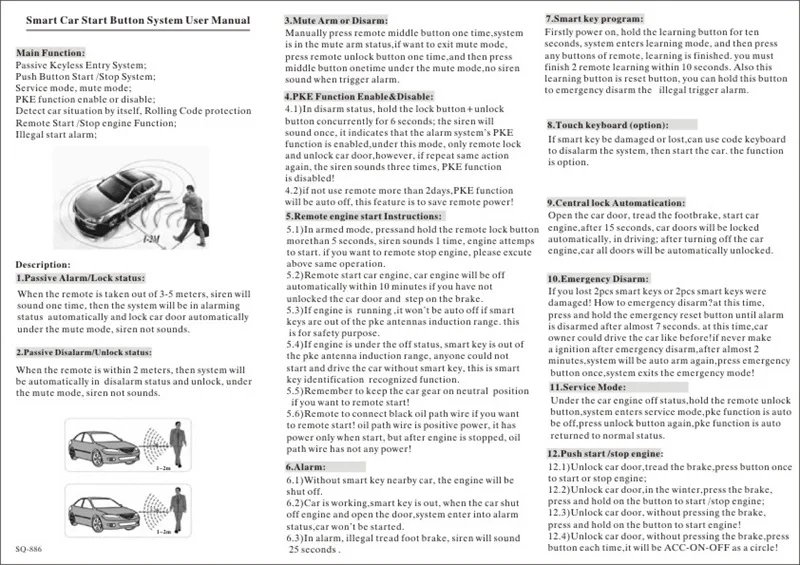 Автосигнализация пассивная бесключевая Система дистанционного запуска/остановки двигателя Центральный замок автомобильный двигатель кнопка запуска стоп автомобильный PKE SQ886
